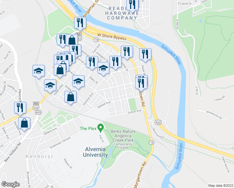map of restaurants, bars, coffee shops, grocery stores, and more near 422 Crestmont Street in Reading