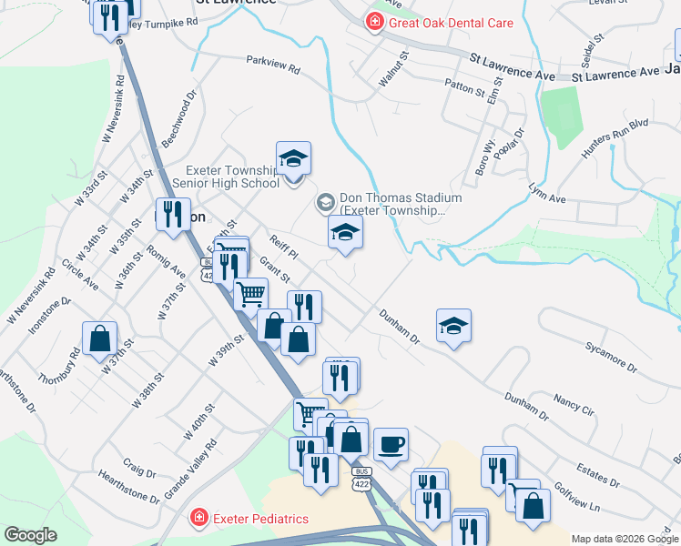 map of restaurants, bars, coffee shops, grocery stores, and more near 131 East 39th Street in Reading