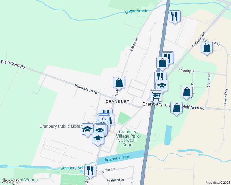 map of restaurants, bars, coffee shops, grocery stores, and more near 103 North Main Street in Cranbury