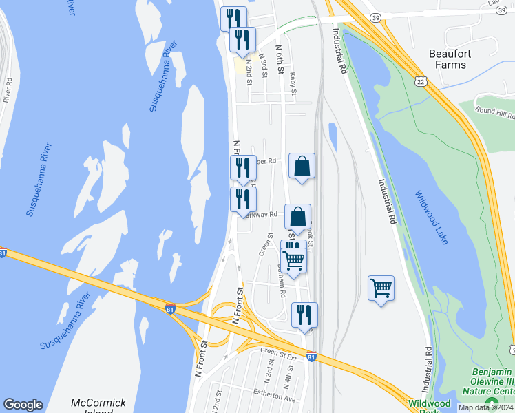 map of restaurants, bars, coffee shops, grocery stores, and more near 4003 North 2nd Street in Harrisburg