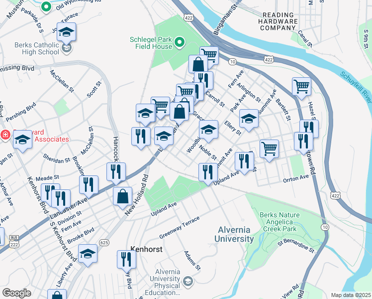 map of restaurants, bars, coffee shops, grocery stores, and more near 632 Fern Avenue in Reading