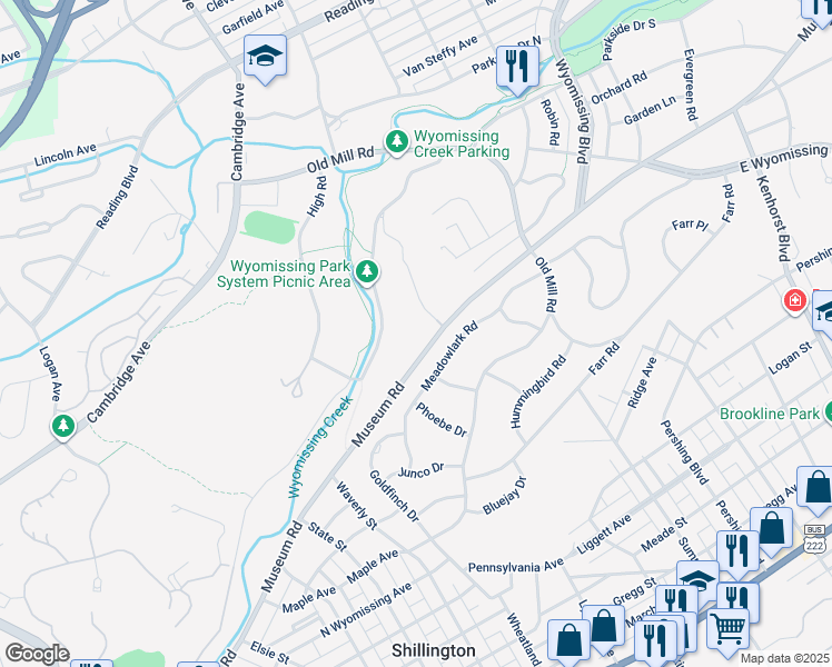 map of restaurants, bars, coffee shops, grocery stores, and more near 1635 Museum Rd in Wyomissing