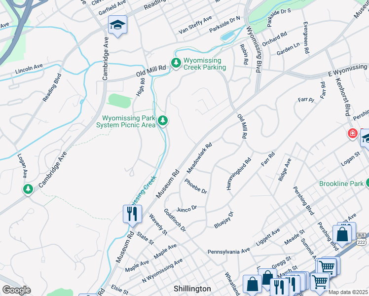 map of restaurants, bars, coffee shops, grocery stores, and more near 1635 Museum Rd in Wyomissing