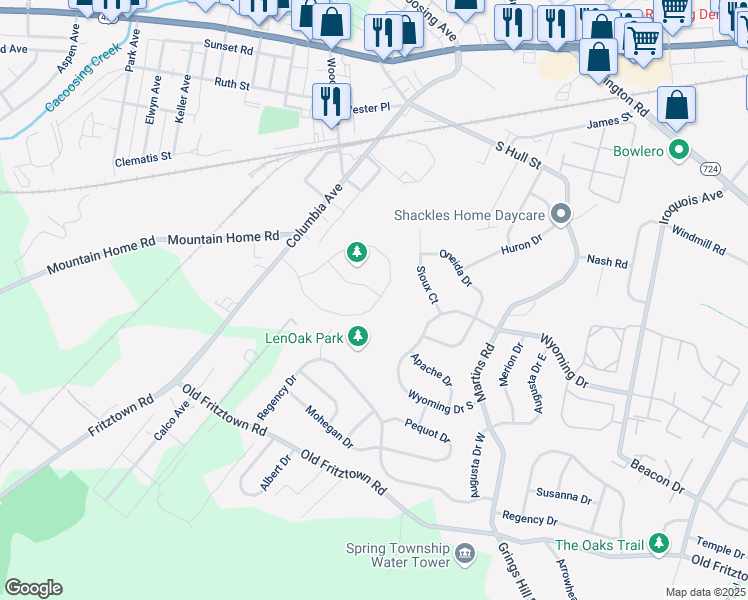 map of restaurants, bars, coffee shops, grocery stores, and more near 66 Michigan Drive in Sinking Spring