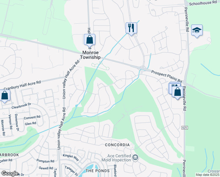 map of restaurants, bars, coffee shops, grocery stores, and more near 1A John Adams Court in Monroe Township