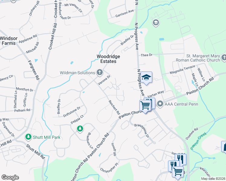 map of restaurants, bars, coffee shops, grocery stores, and more near 602 Cherrington Drive in Harrisburg