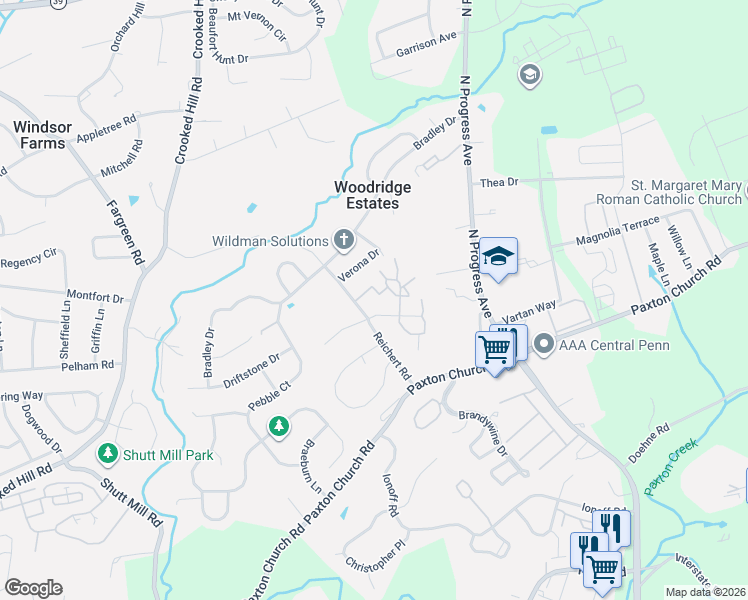 map of restaurants, bars, coffee shops, grocery stores, and more near 108 Cherrington Drive in Harrisburg