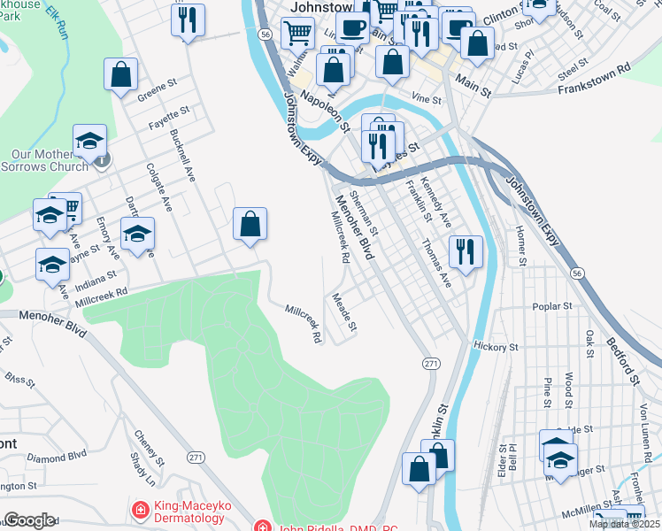 map of restaurants, bars, coffee shops, grocery stores, and more near 631-747 Millcreek Rd in Johnstown
