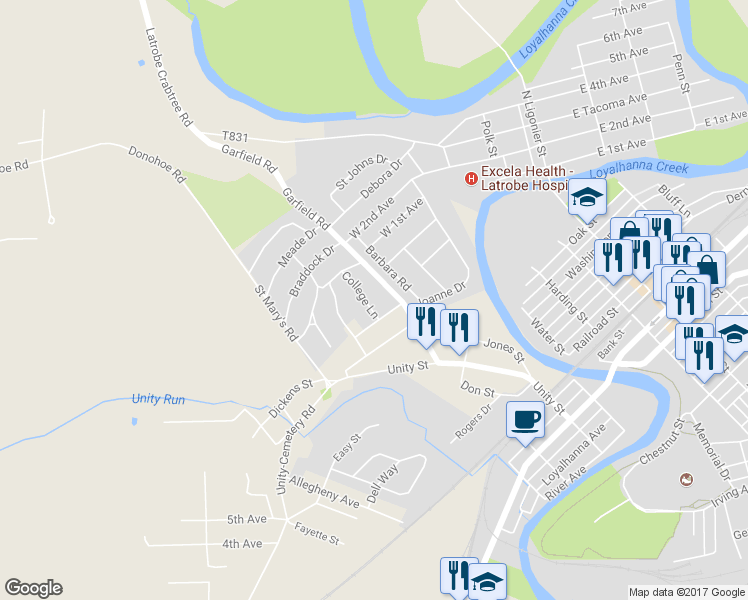 map of restaurants, bars, coffee shops, grocery stores, and more near 113 College Lane in Latrobe