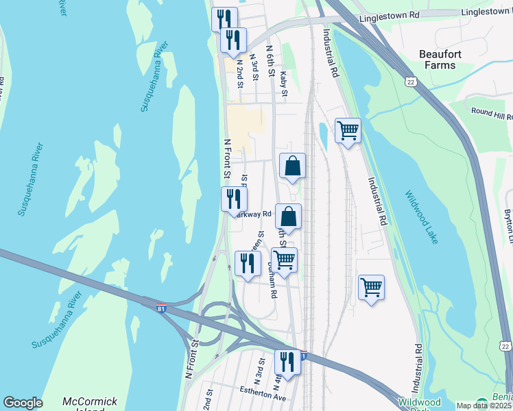 map of restaurants, bars, coffee shops, grocery stores, and more near 4002 Green Street in Harrisburg