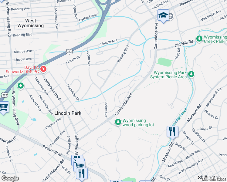 map of restaurants, bars, coffee shops, grocery stores, and more near 1952 Meadow Lane in Wyomissing