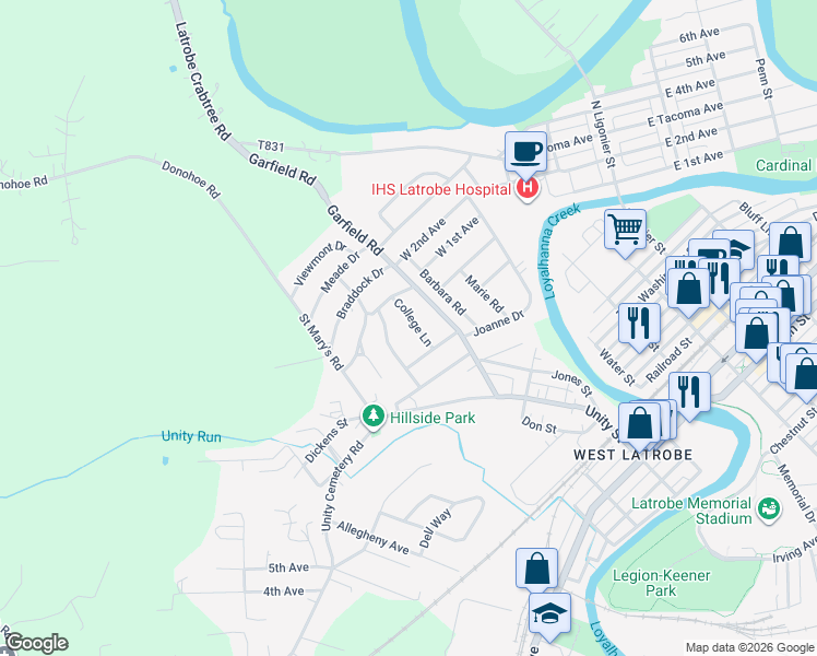 map of restaurants, bars, coffee shops, grocery stores, and more near 113 College Lane in Latrobe
