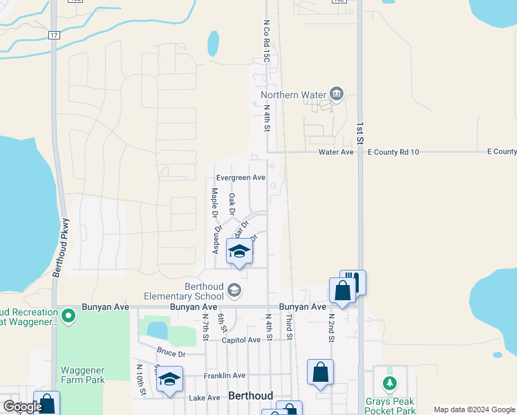 map of restaurants, bars, coffee shops, grocery stores, and more near 1261 Cedar Drive in Berthoud