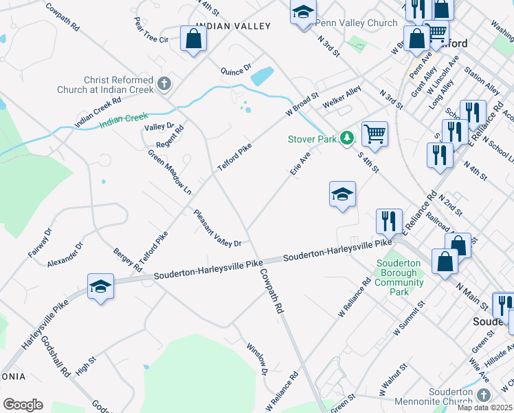 map of restaurants, bars, coffee shops, grocery stores, and more near 157 Erie Avenue in Souderton