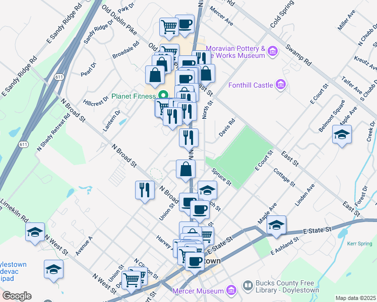 map of restaurants, bars, coffee shops, grocery stores, and more near 328 North Main Street in Doylestown