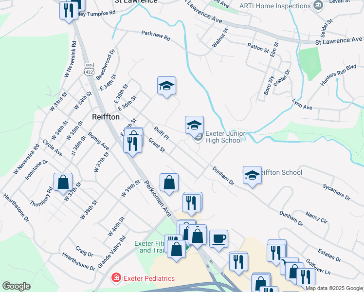 map of restaurants, bars, coffee shops, grocery stores, and more near 21 East 39th Street in Reading