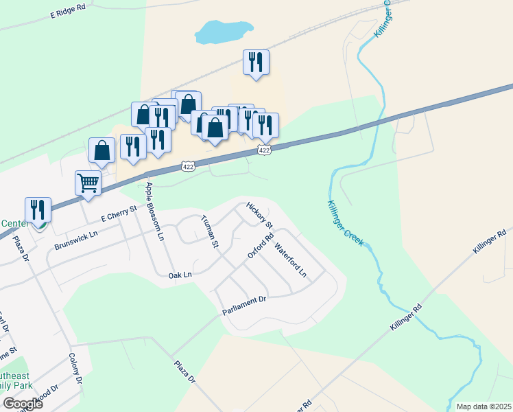 map of restaurants, bars, coffee shops, grocery stores, and more near 57 Hickory Street in Palmyra