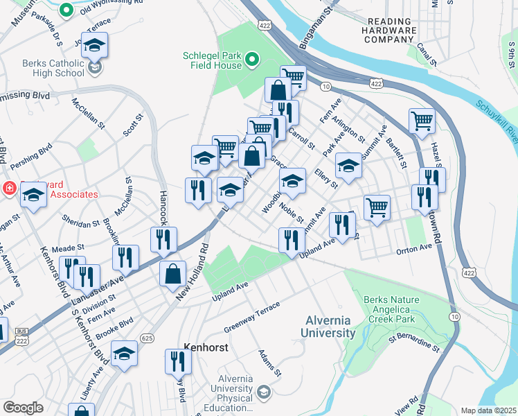 map of restaurants, bars, coffee shops, grocery stores, and more near 632 Fern Avenue in Reading