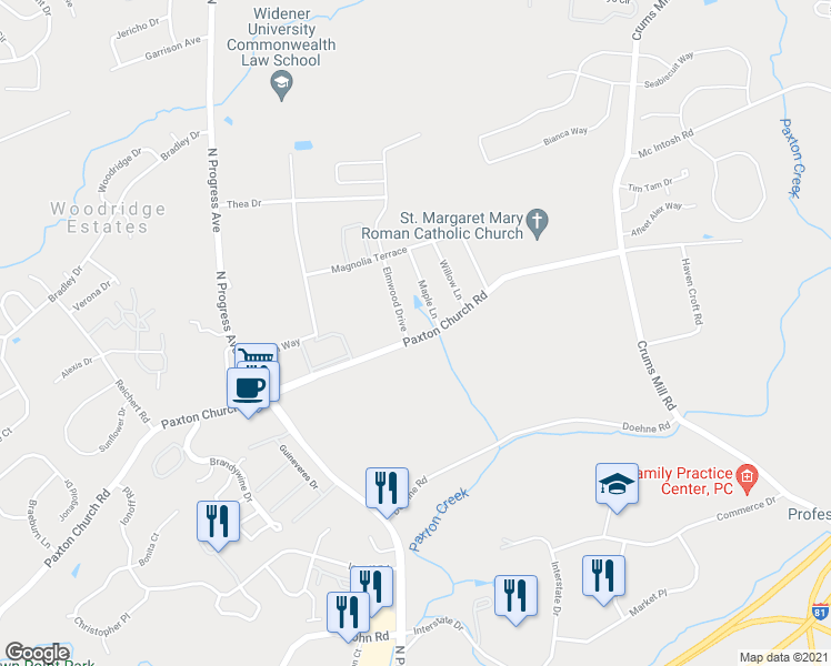 map of restaurants, bars, coffee shops, grocery stores, and more near 2412 Paxton Church Road in Harrisburg