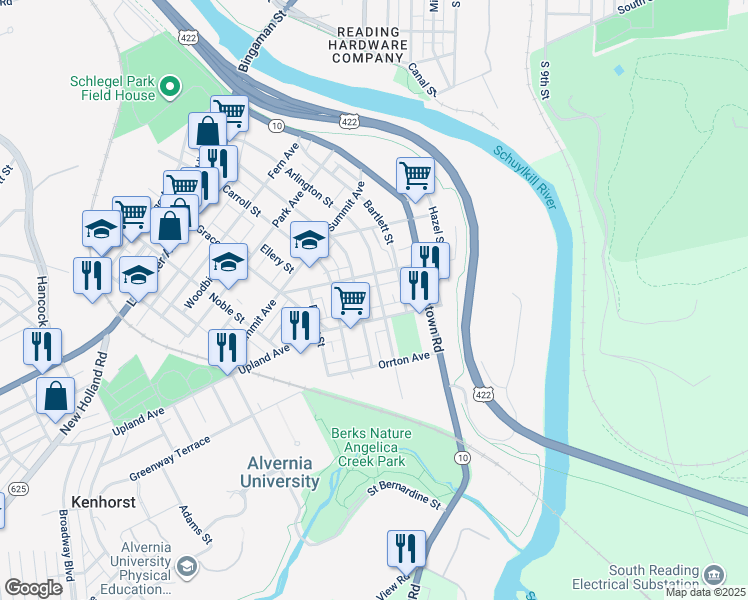 map of restaurants, bars, coffee shops, grocery stores, and more near 428 Crestmont Street in Reading
