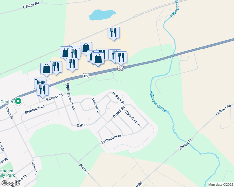 map of restaurants, bars, coffee shops, grocery stores, and more near 57 Hickory Street in Palmyra