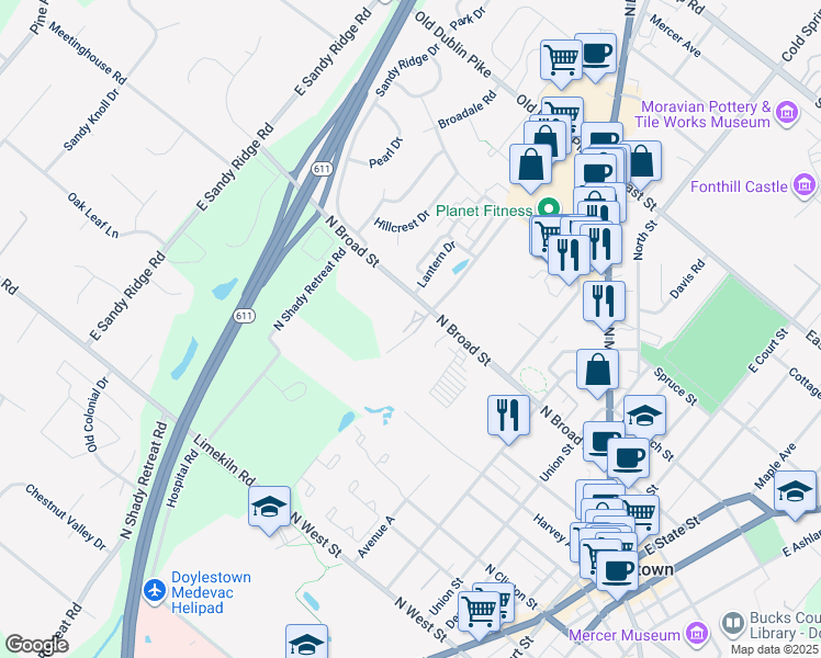 map of restaurants, bars, coffee shops, grocery stores, and more near 430 North Broad Street in Doylestown