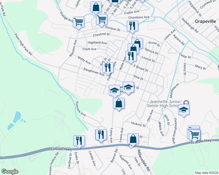 map of restaurants, bars, coffee shops, grocery stores, and more near 107 Sycamore Street in Jeannette