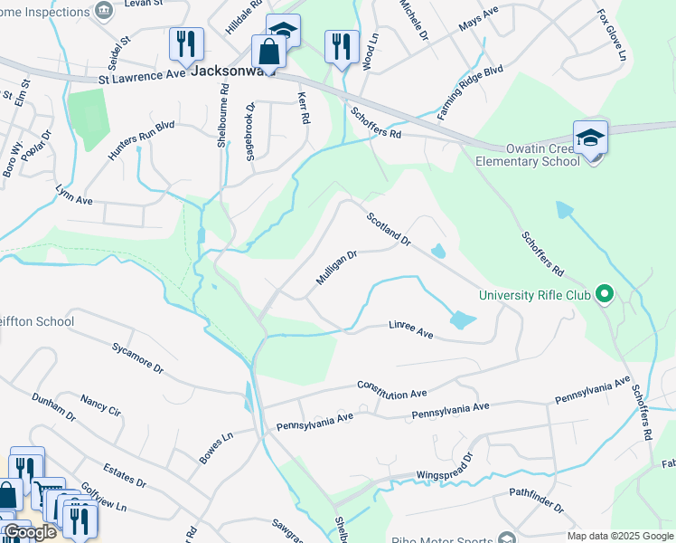 map of restaurants, bars, coffee shops, grocery stores, and more near 11 Mulligan Drive in Reading