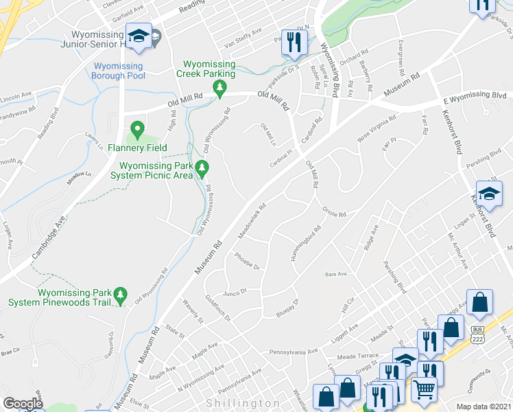 map of restaurants, bars, coffee shops, grocery stores, and more near 1635 Meadowlark Road in Wyomissing