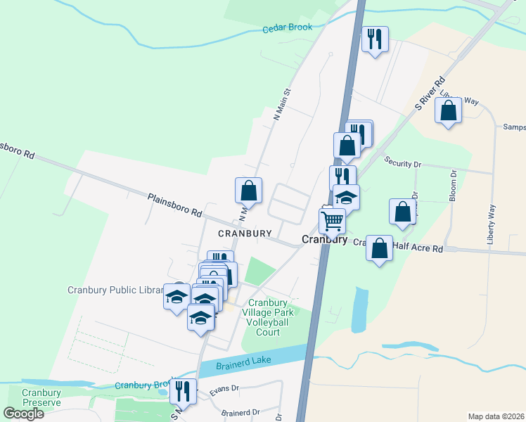 map of restaurants, bars, coffee shops, grocery stores, and more near 5 Griggs Road in Cranbury
