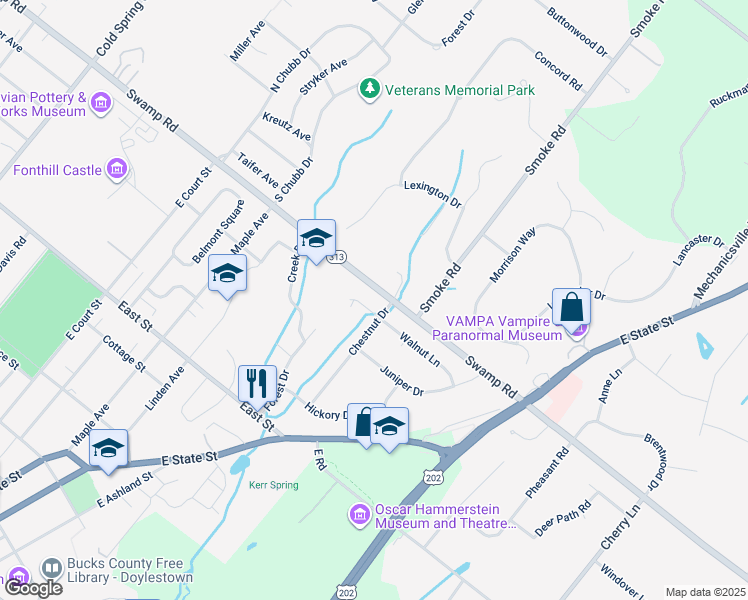 map of restaurants, bars, coffee shops, grocery stores, and more near 5 Walnut Lane in Doylestown
