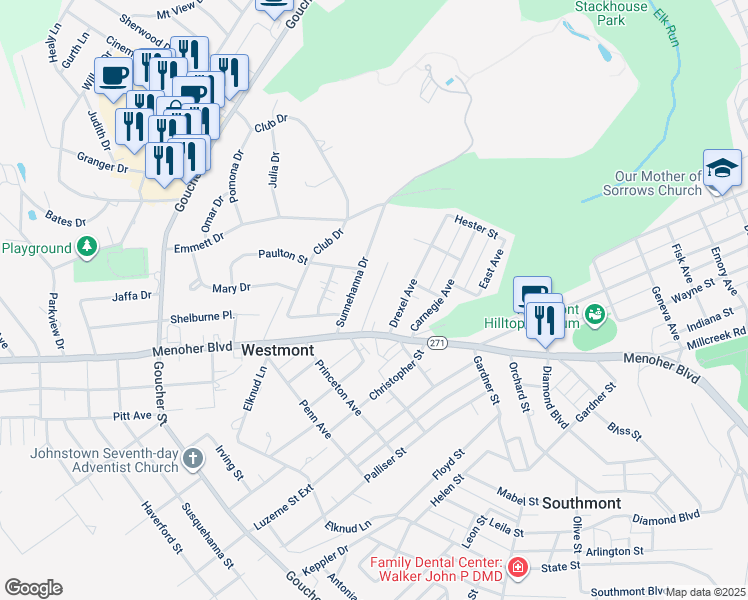 map of restaurants, bars, coffee shops, grocery stores, and more near 798 Case Avenue in Johnstown