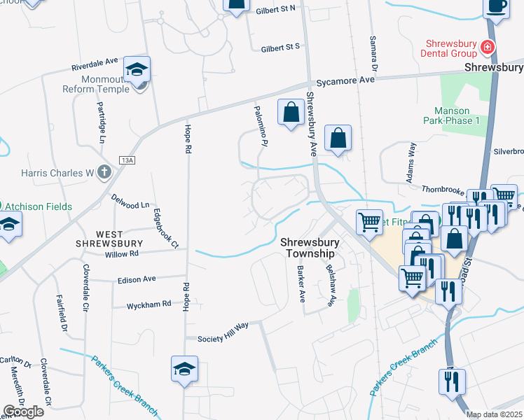 map of restaurants, bars, coffee shops, grocery stores, and more near 1 Elizabeth Court in Tinton Falls