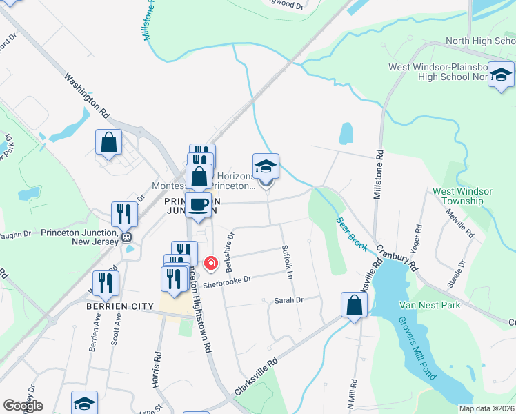 map of restaurants, bars, coffee shops, grocery stores, and more near 54 Cranbury Road in West Windsor Township