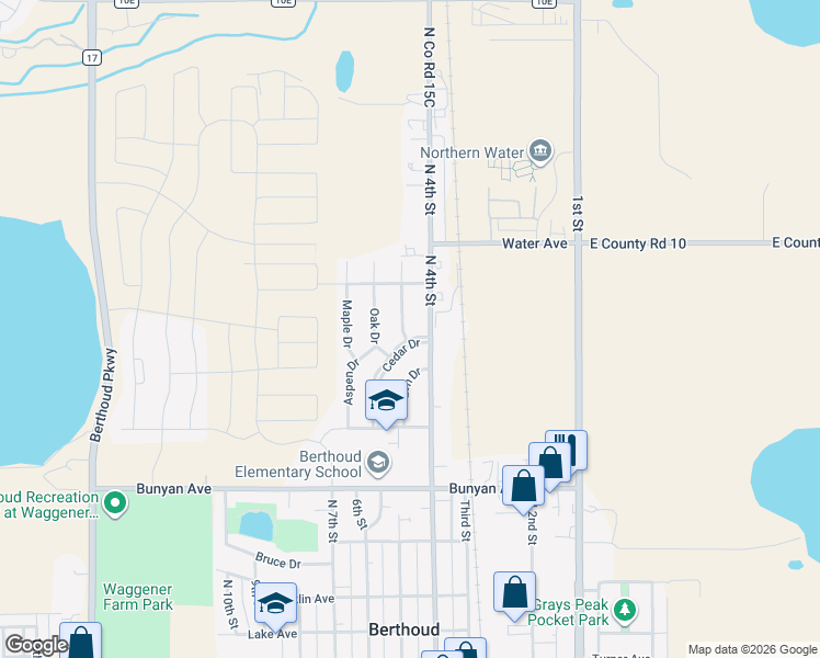 map of restaurants, bars, coffee shops, grocery stores, and more near 1402 Willow Dr in Berthoud