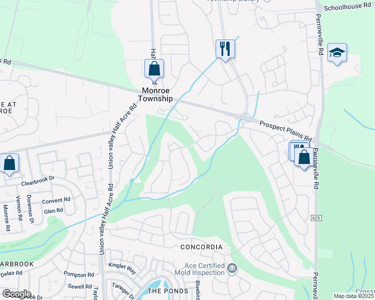 map of restaurants, bars, coffee shops, grocery stores, and more near 1A John Adams Court in Monroe Township