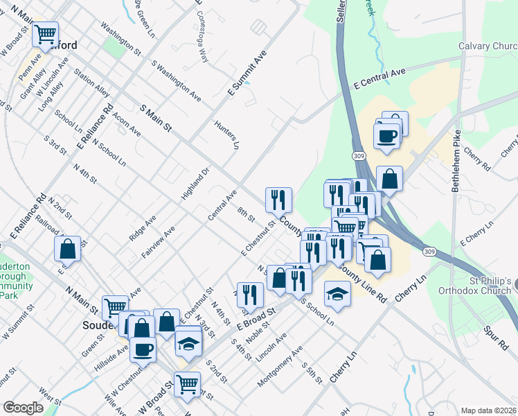 map of restaurants, bars, coffee shops, grocery stores, and more near 135 8th Street in Souderton