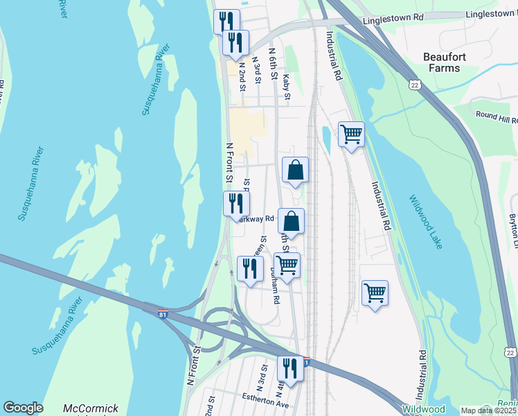 map of restaurants, bars, coffee shops, grocery stores, and more near 4002 Green Street in Harrisburg