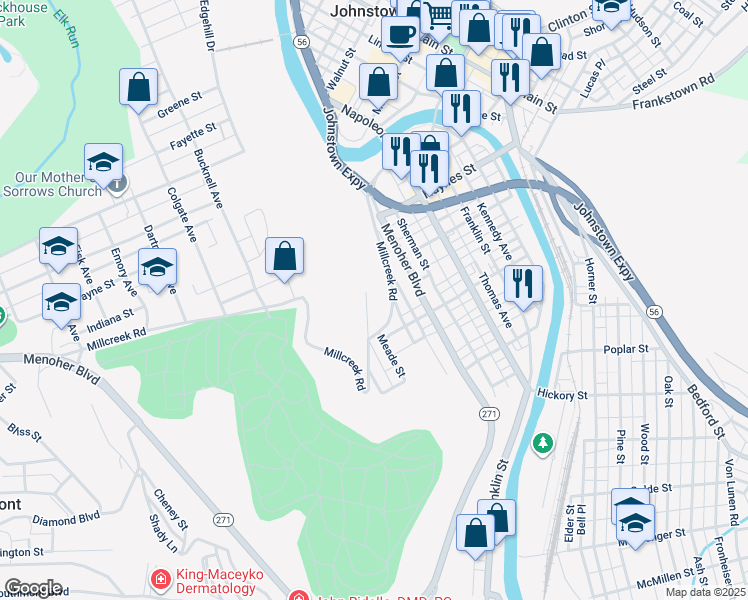 map of restaurants, bars, coffee shops, grocery stores, and more near 600-636 Yoder St in Johnstown