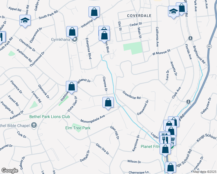 map of restaurants, bars, coffee shops, grocery stores, and more near 5591 Clarene Drive in Bethel Park