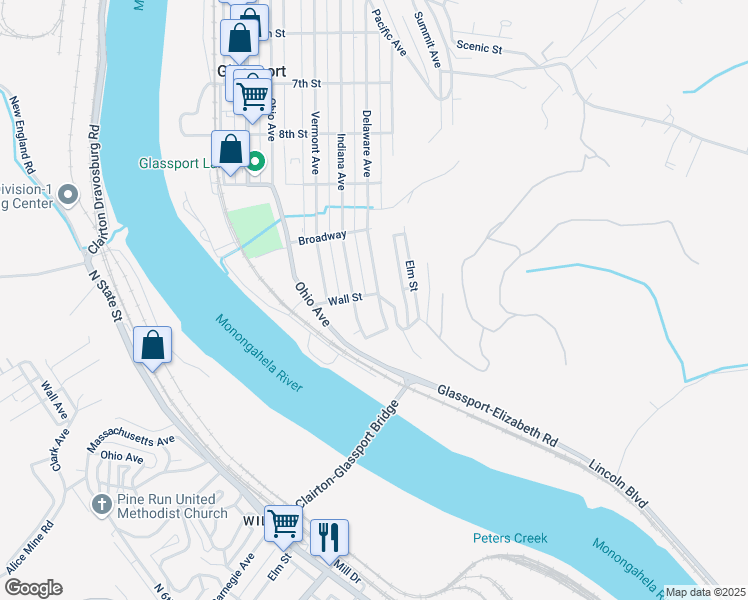 map of restaurants, bars, coffee shops, grocery stores, and more near 1104 Delaware Avenue in Glassport