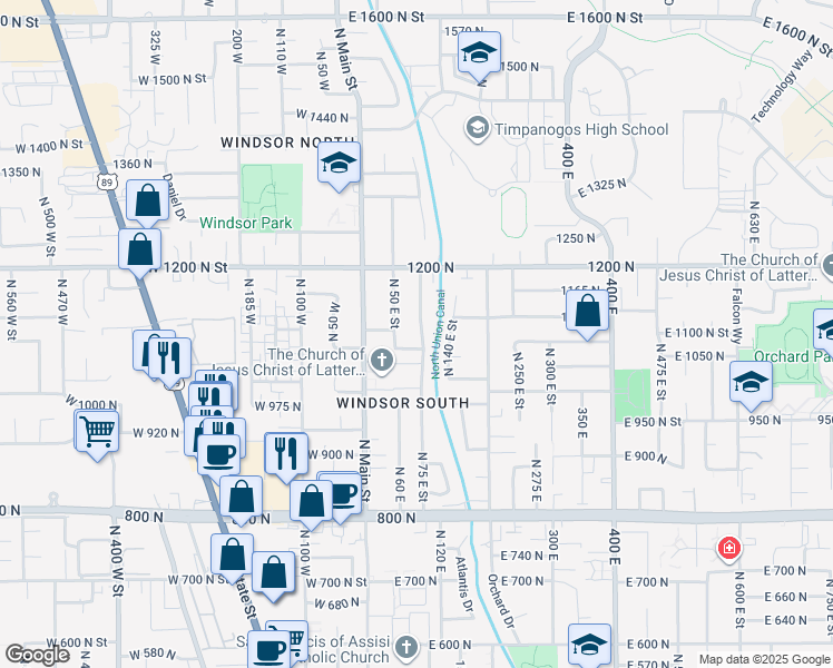 map of restaurants, bars, coffee shops, grocery stores, and more near 1101 North 75 East in Orem