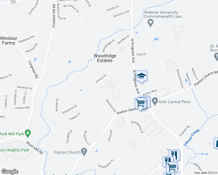 map of restaurants, bars, coffee shops, grocery stores, and more near 316 Cherrington Drive in Harrisburg