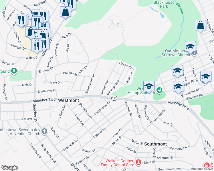 map of restaurants, bars, coffee shops, grocery stores, and more near 750 Drexel Avenue in Johnstown