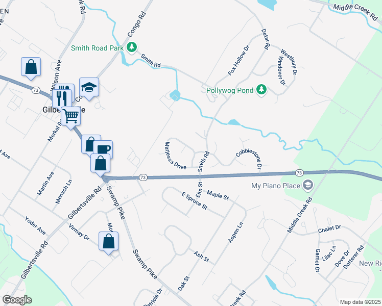 map of restaurants, bars, coffee shops, grocery stores, and more near 35 Marjessa Drive in Gilbertsville