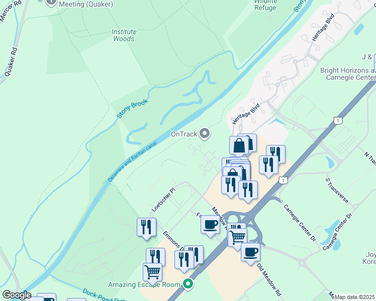 map of restaurants, bars, coffee shops, grocery stores, and more near 110 Biscayne Court in Princeton