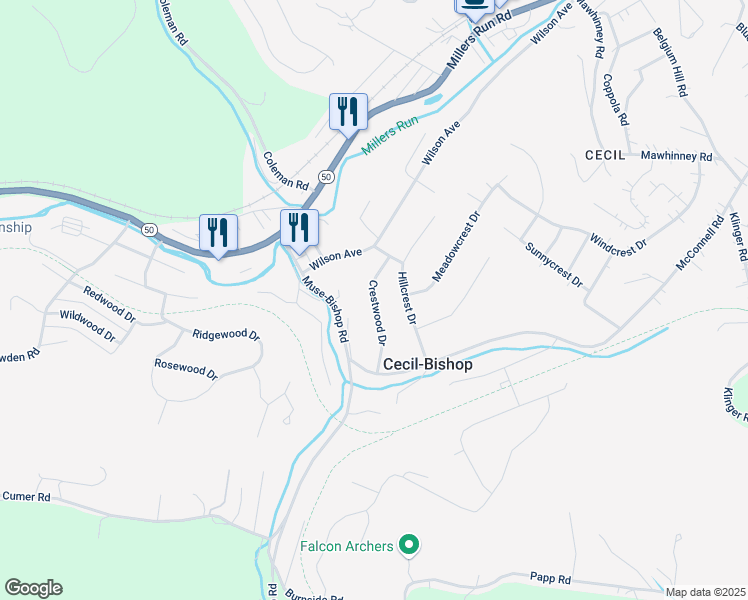 map of restaurants, bars, coffee shops, grocery stores, and more near 16 Crestwood Drive in Cecil-Bishop