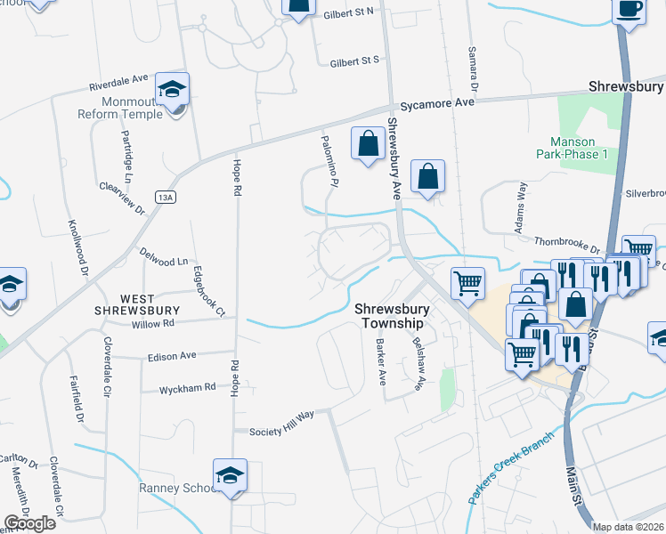 map of restaurants, bars, coffee shops, grocery stores, and more near 1 Elizabeth Court in Tinton Falls