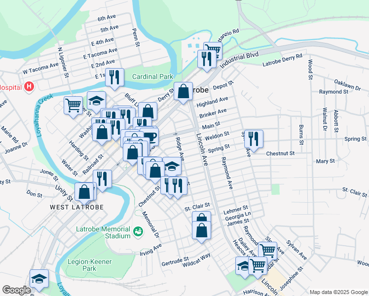 map of restaurants, bars, coffee shops, grocery stores, and more near 512 Spring Street in Latrobe