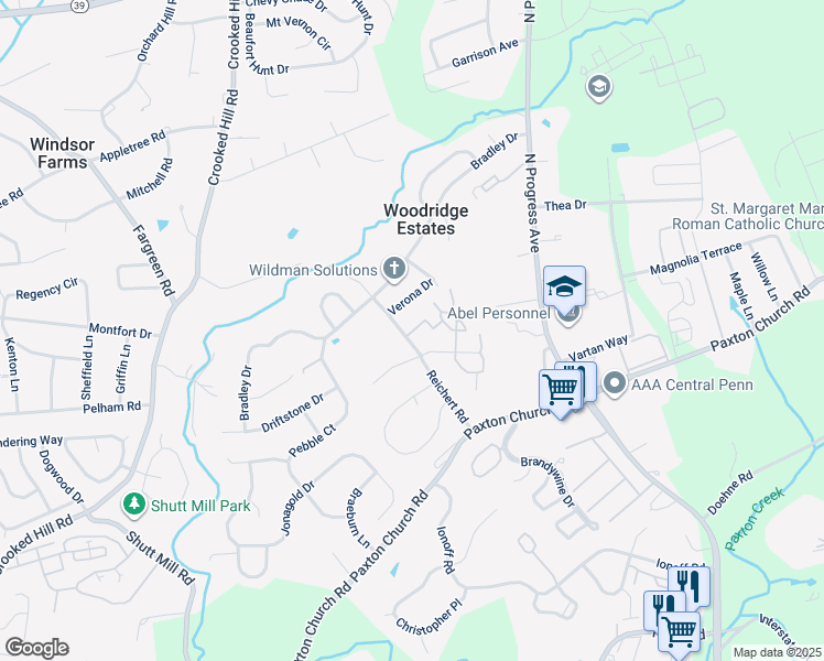 map of restaurants, bars, coffee shops, grocery stores, and more near 204 Cherrington Drive in Harrisburg